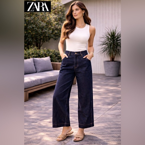 Zara Denim - ZARA Wide Leg Dark Blue High-Waist Jeans